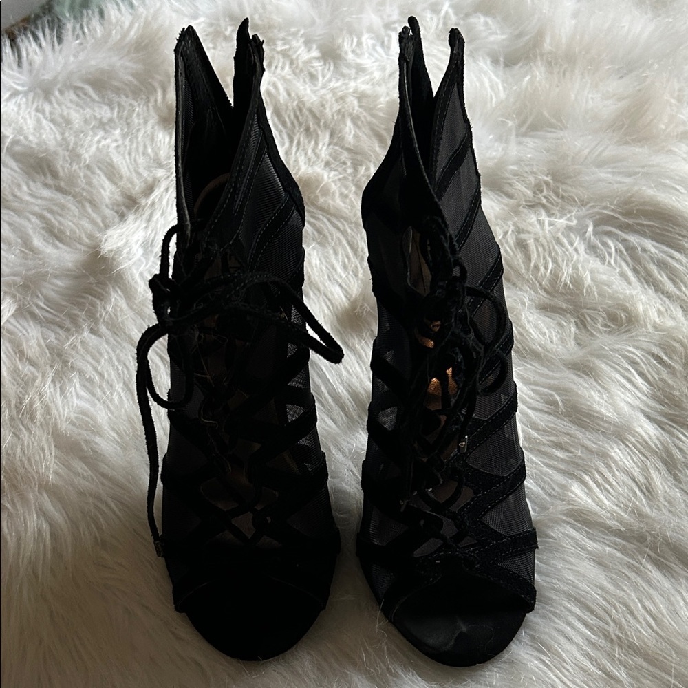 Steve Madden Dax Black Lace-Up Zip-back cow suede high heels 8M 5 inch heel sexy - Picture 4 of 10
